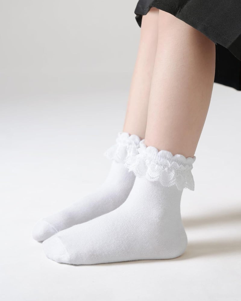 Funjoon 4T-10Y Girls White Ruffle Socks Lace Frilly Dress Cotton School Uniform Crew Socks for Toddler Little Girls 6 Pack - Image 2